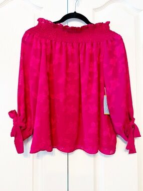 CeCe Plumeria Hot Dark Pink Off-the-Shoulder Smocked Blouse with Tie Sleeves XS